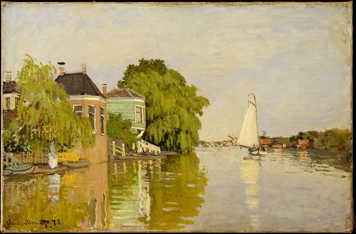Monet’s Houses on the Achterzaan: houses and willows on a riverbank mirrored in still water, with a sailboat beyond