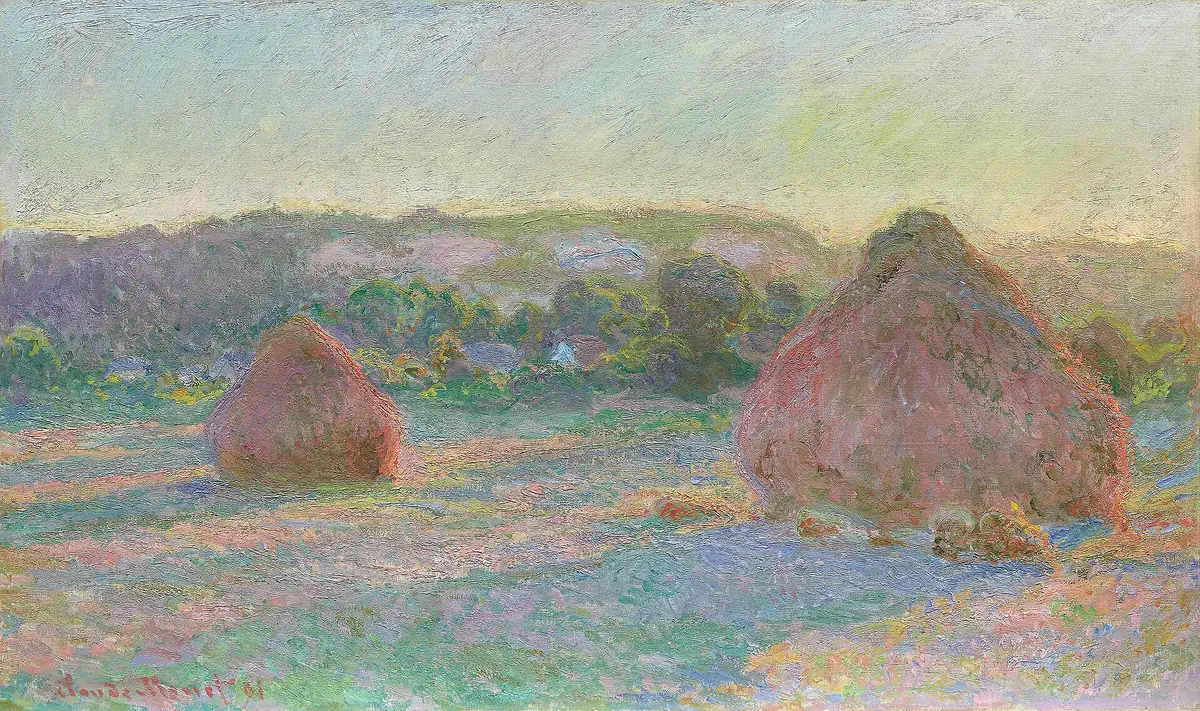 Monet’s Stacks of Wheat (End of Summer): two wheat stacks in a field under late-day light