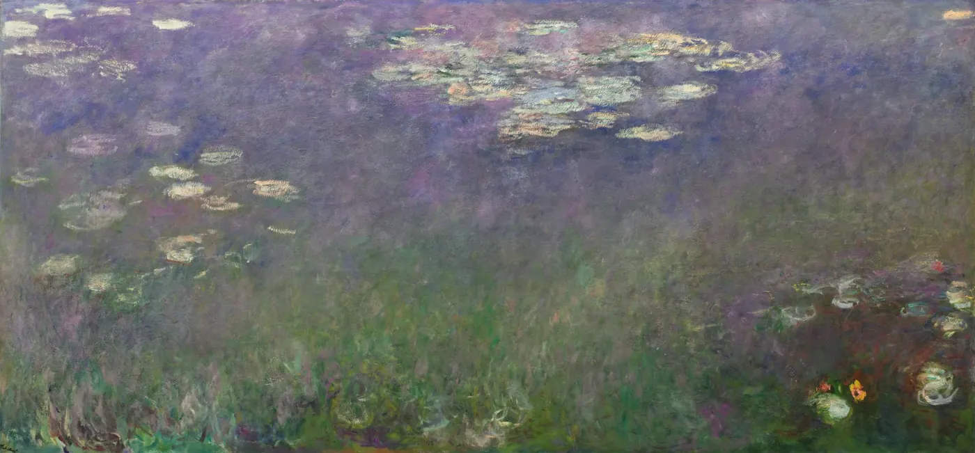 Monet’s Water Lilies (Agapanthus): lily pads and violet reflections across a wide stretch of pond