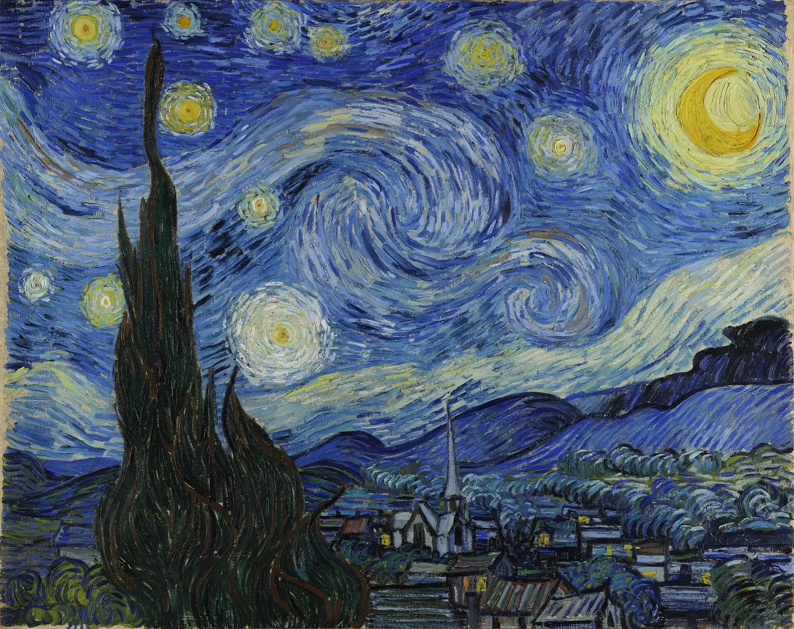 Van Gogh's The Starry Night, an oil painting of a swirling night sky over a village