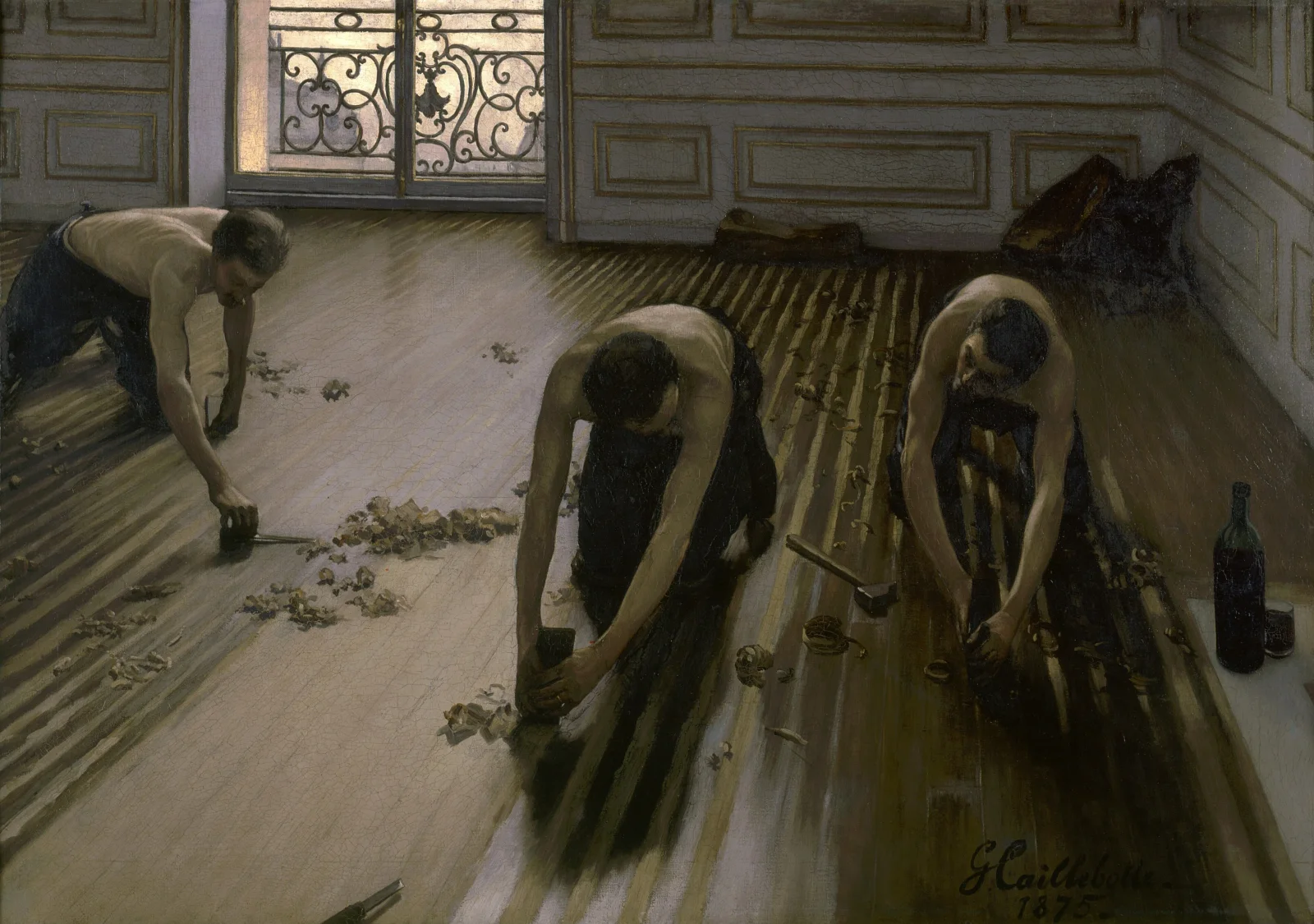 Caillebotte’s The Floor Planers: three shirtless workers scraping a wooden floor in light from a balcony window