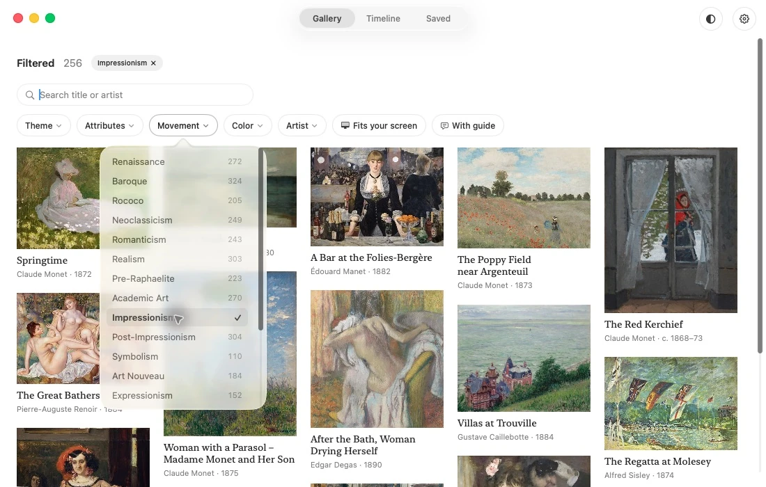 The Art4 movement filter open with Impressionism selected