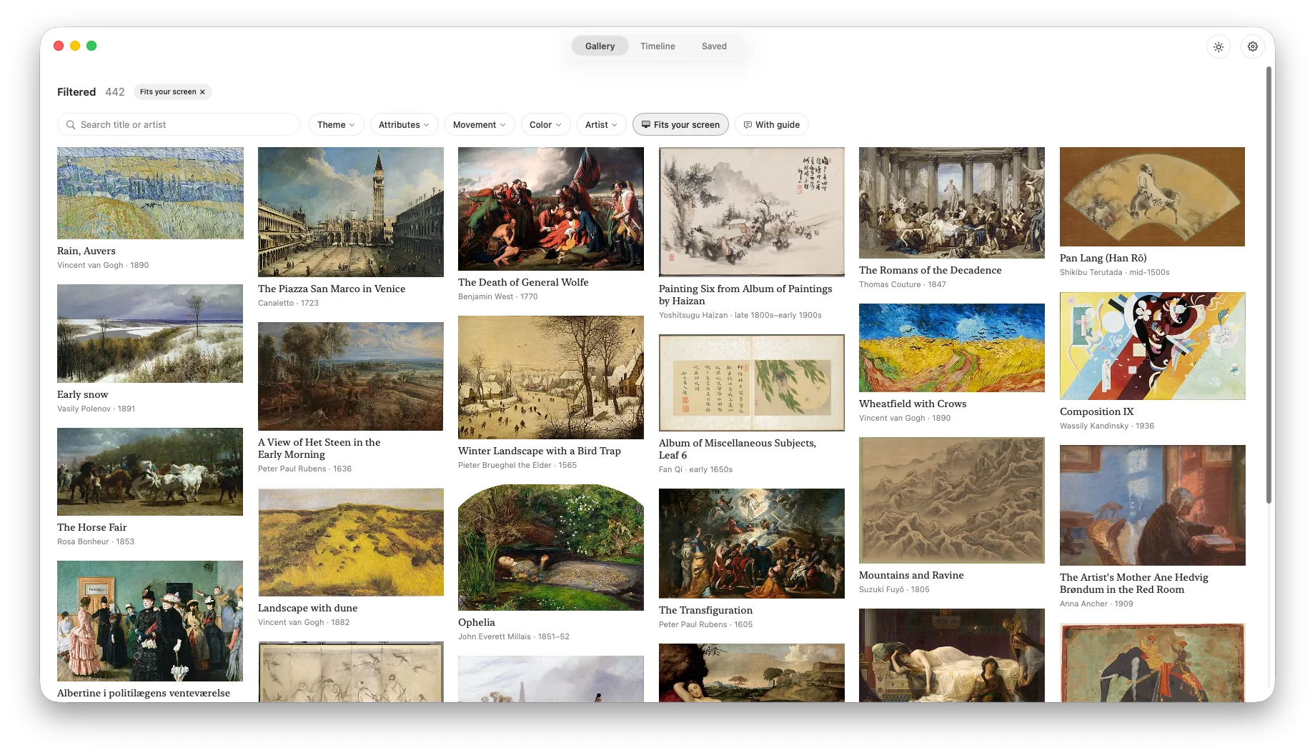 The Art4 gallery showing a variety of artworks filtered to fit the screen